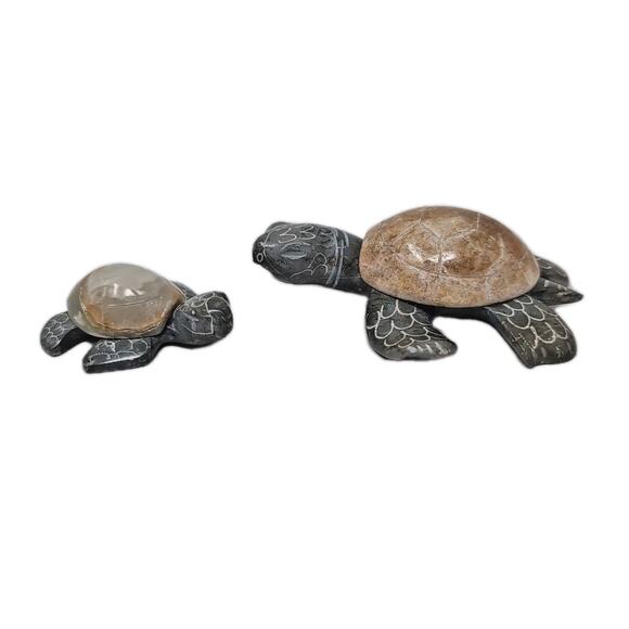 Lot of 2 Sea Turtle Figurines Hand Carved Stone Carvings Collectibles - Picture 3 of 12